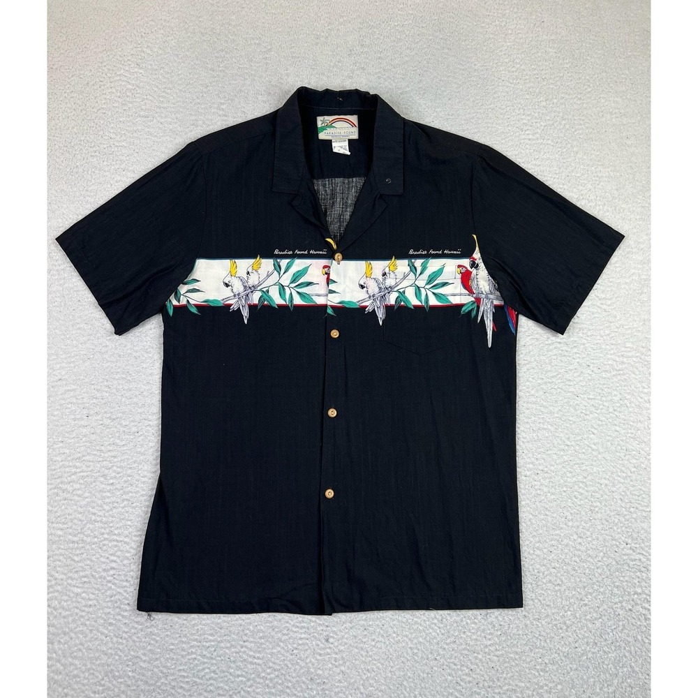 Paradise Found Shirt Mens Large Black Parrot Hawaiian Aloha Cotton Button Up